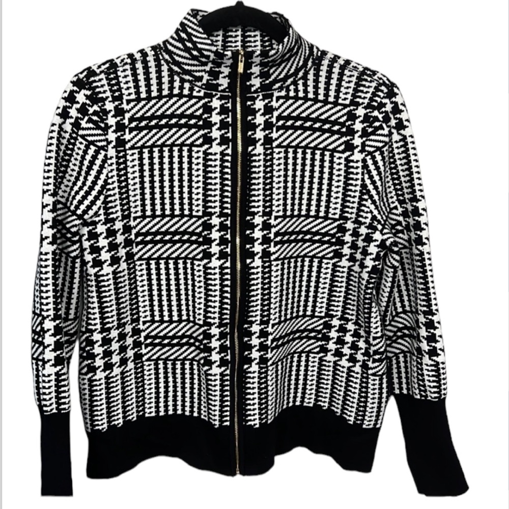 New Jones New York Cardigan Women's Vintage Zip Up Houndstooth Knit Sweater M